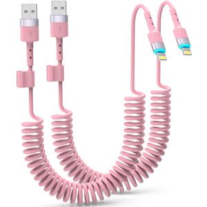 Coiled Pink iPhone Charger 3 FT 2-Pack Apple CarPlay Cable Car Accessories, [MFi Certified] Short USB to Lightning Cable, Cute iPhone Charger Cord - Pink