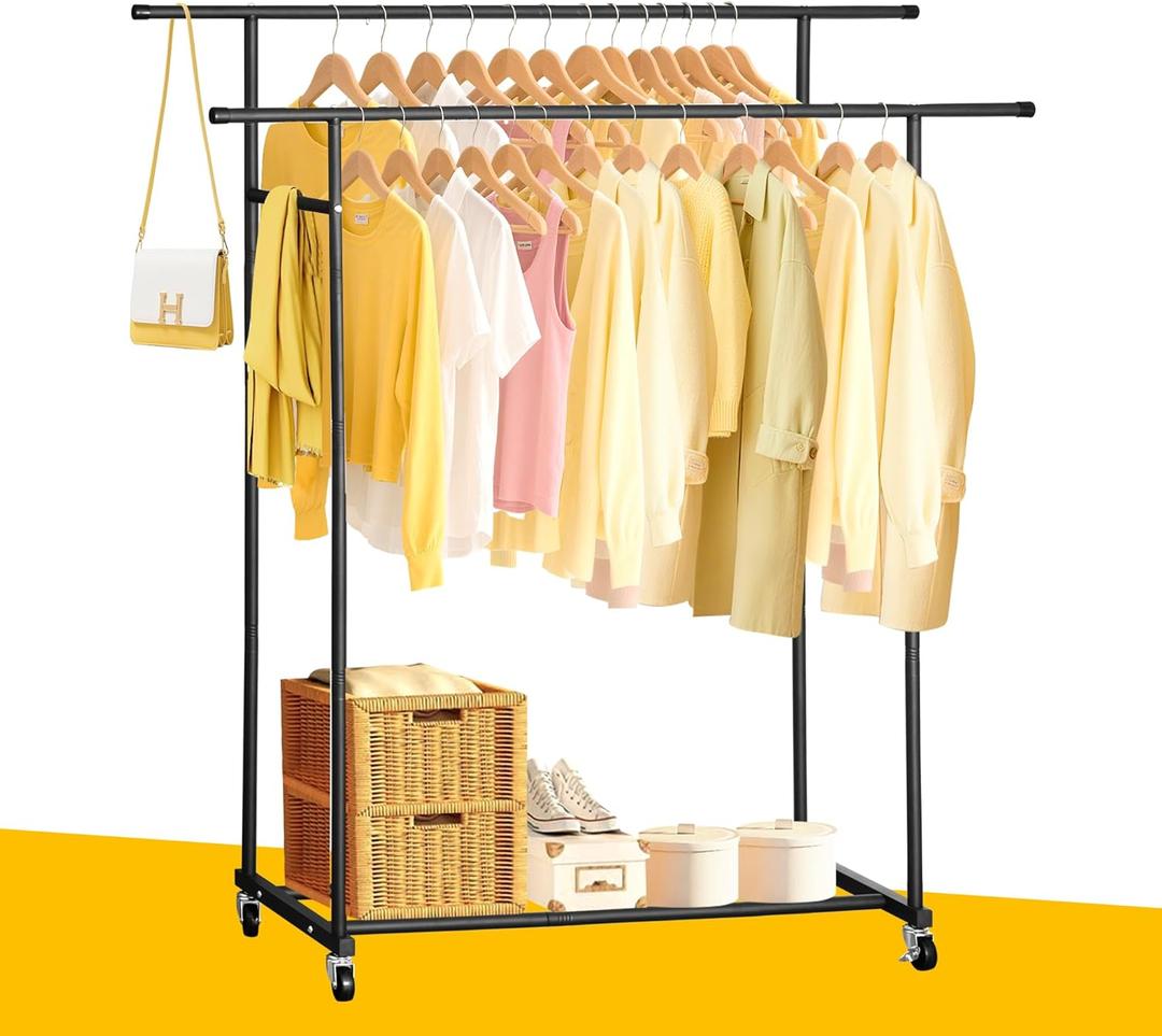 Widyana Double Rods Clothes Rack with Wheels, Rolling Portable Garment Rack for Hanging Clothes, Metal Clothes Racks, Black Coat Rack for Bedroom, Laundry Room & Living Room