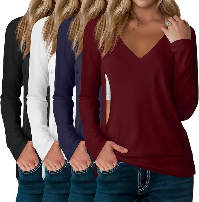 3 Pack Women's Long Sleeve Nursing Shirts with Hidden Zipper V Neck Breastfeeding Clothes Maternity Loose Fit Tops, 2XL (Black, Blue, Red)
