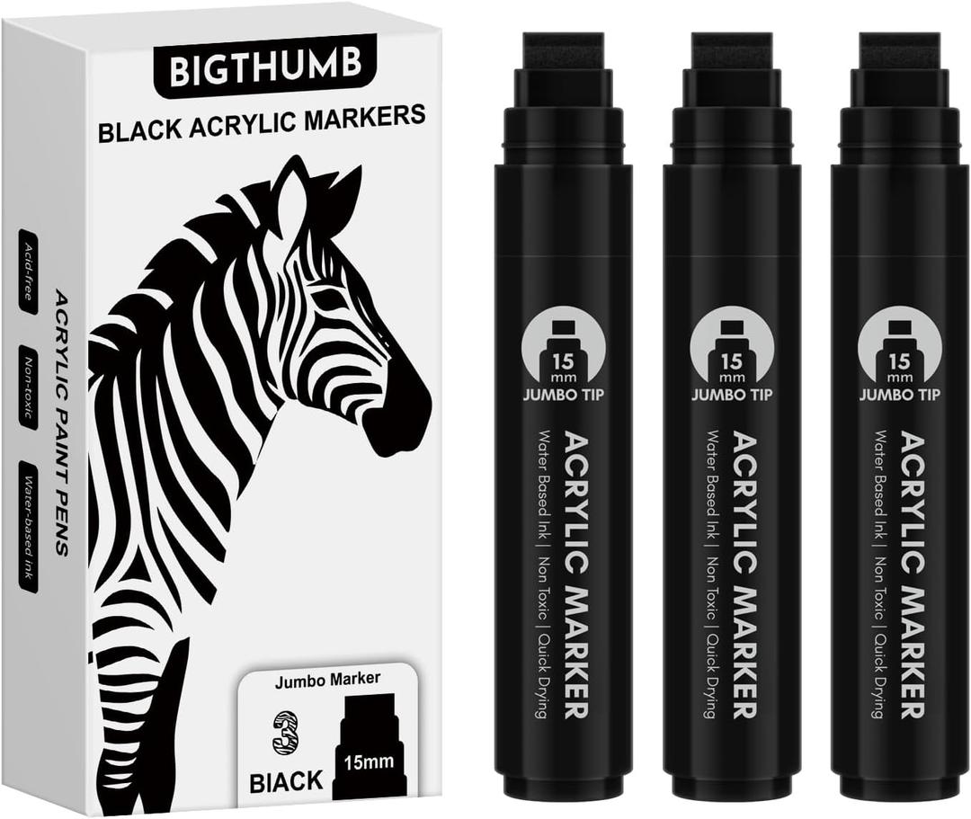 BIGTHUMB 3 Pcs Black Jumbo Permanent Markers: 15mm Wide Tip Thick Acrylic Paint Pen Large Calligraphy Marker for Rock Painting, Poster, Sign, Canvas, Glass, Wood, Ceramic
