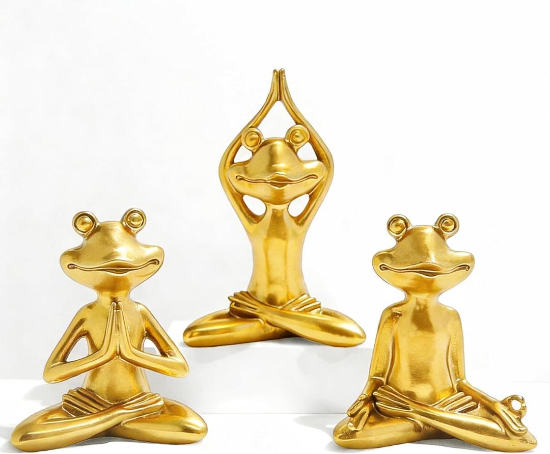 Yoga Frog Statues, 3.8"-5" H Golden Frog Figurines Home Decor, Therapy Office Decor Small Sculptures for Shelves, Living Room, Bookshelf, Desk, Bedroom - Set of 3 (Golden Frogs)