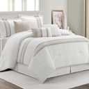 7 Piece Comforter Set, Taupe White, King Size, Boho Style Geometric Microfiber Embroidery, Bed in a Bag with Bedskirt, Pillow Shams and Decor Pillows