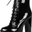 wetkiss Platform Boots for Women, Heeled Combat Boots Chunky Heel Booties Round Toe Lace Up High Heel Ankle Boots (9, Patent Black)