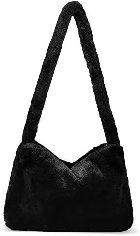 Fuzzy Tote Bag Y2K Fluffy Shoulder Bag Women Furry Purse Large Cute Plush Bag Ladies Faux Fur Bag for Autumn and Winter (Black)