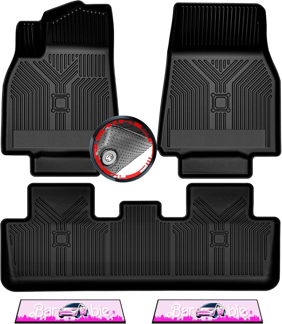 Anti-Slip 3D Pink Floor Mats 5Pcs Custom Fit 2020-2024 Tesla Model Y (5 Seater)| Rubber All-Weather Car Floor Liners with Weather Strips | Automotive Carpet for Winter, Hunting | Cool Stuff for Tesla
