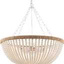 5 Lights Bohemia Wood Beaded Chandelier Farmhouse Antique Rustic Pendant Light for Bedroom Kitchen Island Dining Living Room, White, Dia 22 Inch