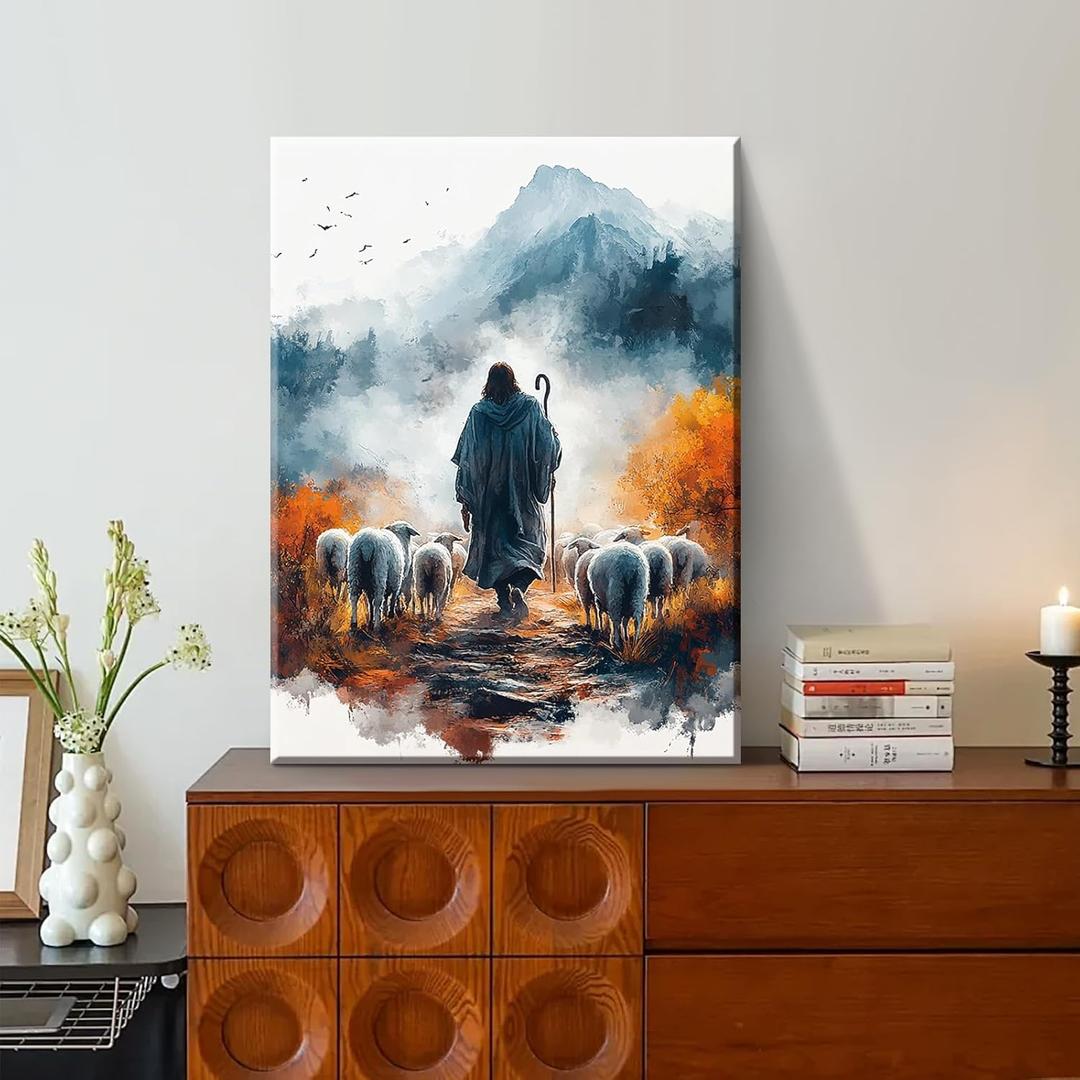 OTOSTAR Jesus and Lamb Christian Canvas Wall Art Picture Wall Decor Jesus Guards the Lambs Christ Painting Poster Print Artwork for Living Room Bedroom Church - 12 x 16 Inch