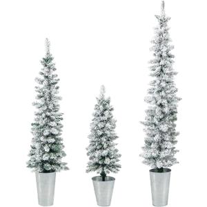 HAPPYGRILL Snow Flocked Potted Christmas Tree Set of 3, 3 4 5 Slim Pencil Xmas Trees w/ 120 140 160 Branch Tips, Silver Metal Buckets, Artificial Entrance Xmas Trees for Holiday Home Decoration