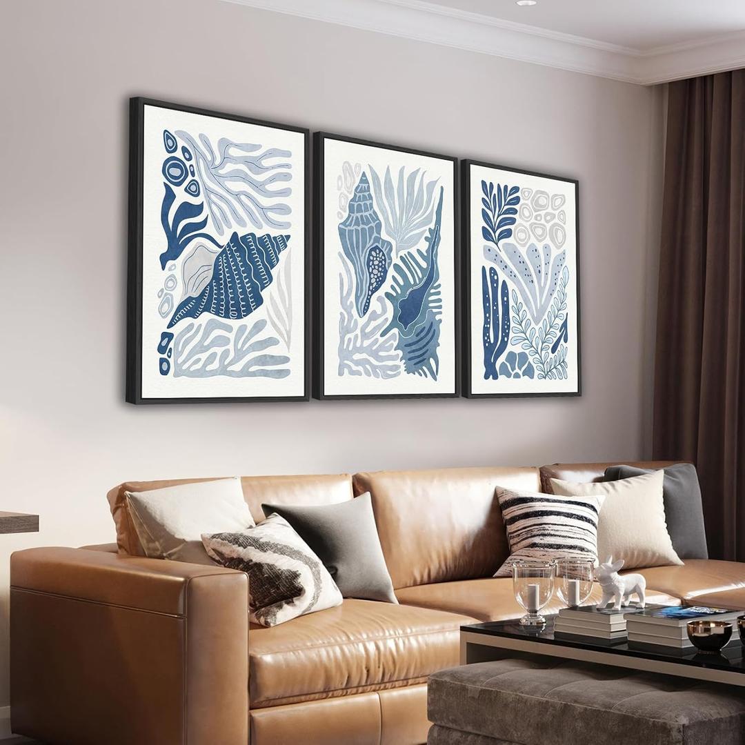 Large Framed Marine Life Wall Art Canvas Prints Set of 3, Minimalist Ocean Art, Blue White Coral Conch Shell Seaweed Beach Pictures Nautical Artwork for Living Room Bedroom Office Decor 24"x36"x3