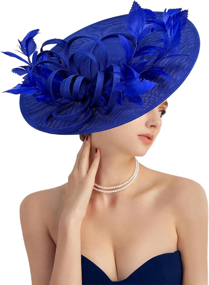 dressfan Fascinator Hats for Women,Linen Vintage Feather Headwear for Derby/Church/Wedding/Cocktail/Tea Party (Blue)