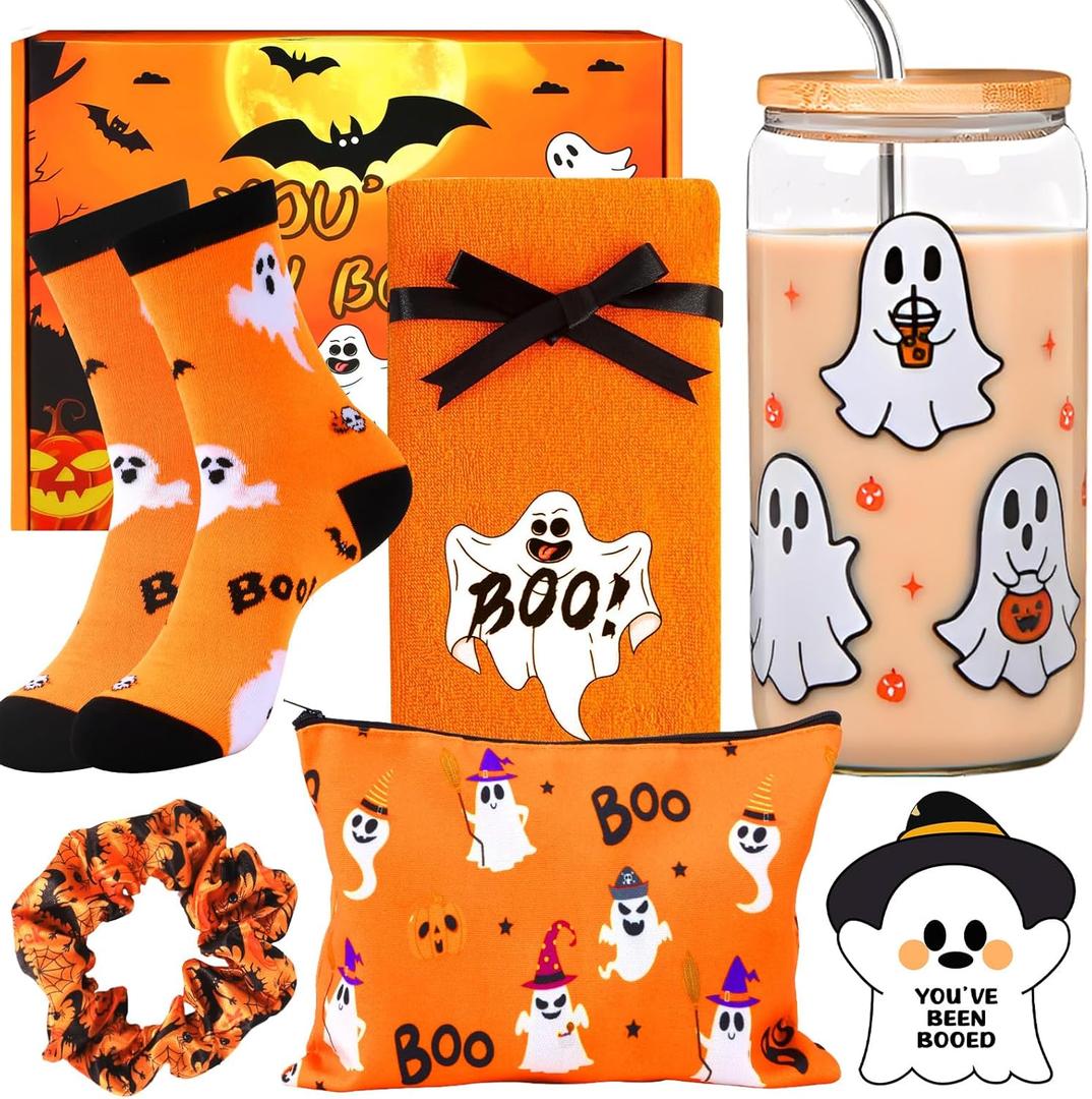 Boo Basket Stuffers for Women, 6 Pcs Halloween Gifts Set Cute Boo Basket with Halloween Cup Socks Towel Bag for Teens Girls Mom Friend Sister Wife