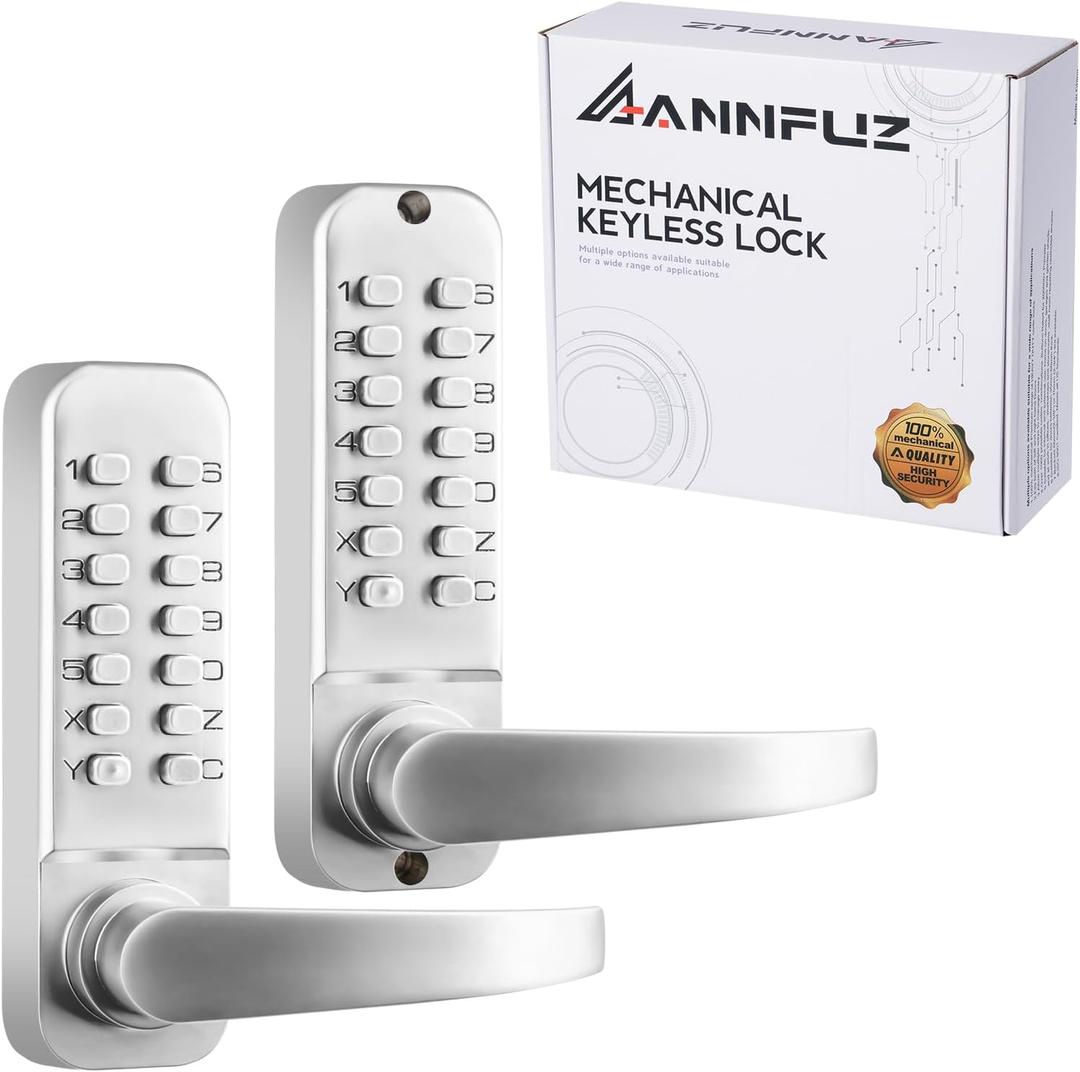 Mechanical Keyless Entry Door Hanldle Lock with Keypad,Double-Sided Push Button Passcode Opening,Interior Exterior Combination Front Door Lever Lock Set for Gates,Fences,No Battery(Silver) (Pearl Chrome)