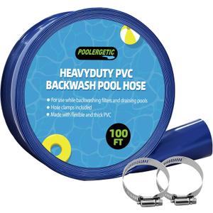 1 1/2 IN x 100 FT Pool Backwash Hose, Heavy-Duty PVC Lay Flat Hose, Weatherproof Burst Resistant, Pool Drain Hose for Water Transfer, Sump Pump, Pool Drain, with 2 Clamps