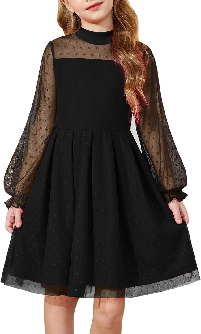 Arshiner Girls Dresses Contrast Mesh Puff Long Sleeve Mock Neck Formal Party A Line Short Tulle Dress, 8