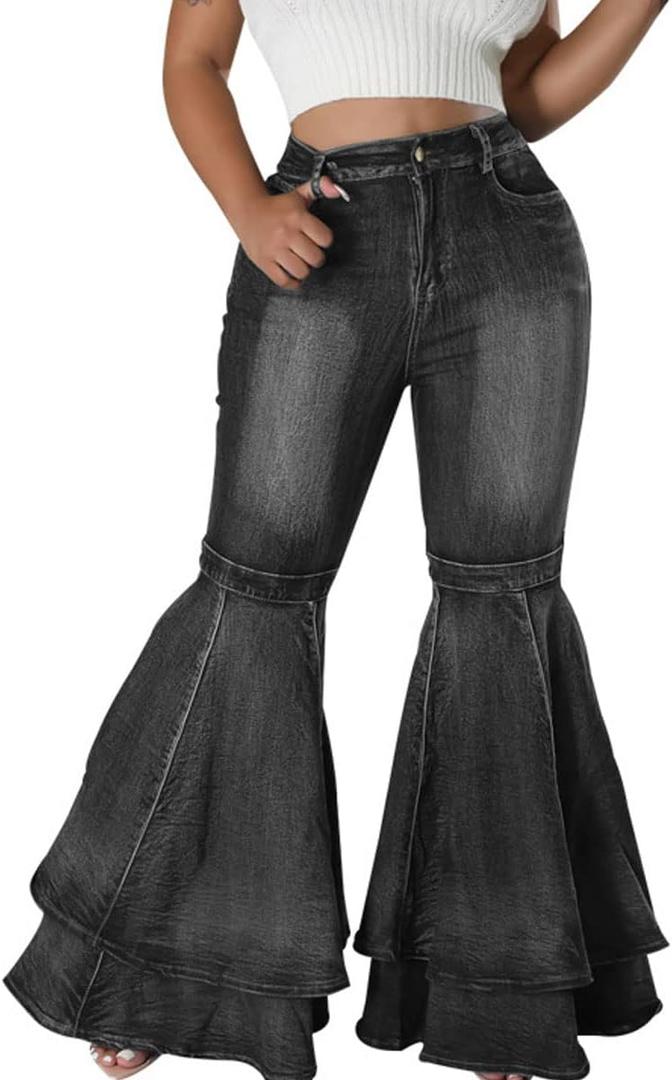 ThusFar Bell Bottom Jeans High Waisted Pleated Layered Ruffle Hem Flared Wide Leg Denim Pants 70s Outfits for Women (3X-Large, Black)