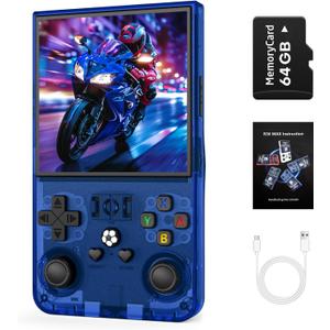 R36MAX Handheld Game Console, Retro Gaming Console with 4000mAh Battery 4.0IPS Screen, Open Source Linux System, with 64GB TF Card Portable Video Gaming Console, Transparent Blue