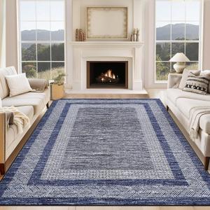 GarveeHome Modern Geometric Area Rug 5x7 Distressed Bordered Rug Washable Non Slip Floor Carpet Non Shedding Thin Rug, Soft Low Pile Rug, Contemporary Blue Rug for Dining Room, Living Room