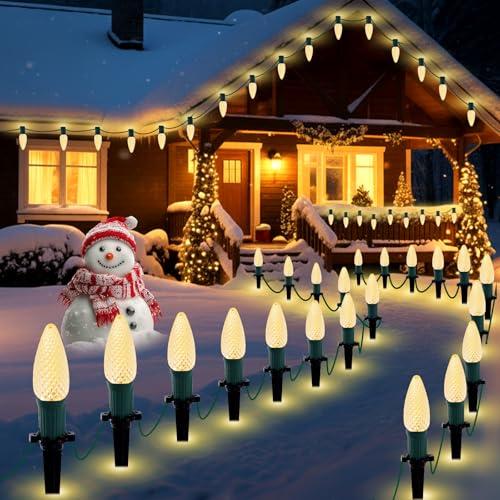 Fanovo 25.7ft Christmas Pathway Lights Outdoor with C9 Strawberry 20 LED Bulbs, Warm White Christmas Walkway String Lights with Stakes for Driveway, Yard, Patio, Connectable & Weatherproof
