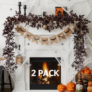 Neutral Fall Garland for Mantle - 2 Pack 9Ft Plum Cimicifuga Seeded Leaf Garlands Purple Autumn Dcor Fireplace and Table Decorations for Home Indoor Door Halloween Realistic Leaves Outdoor