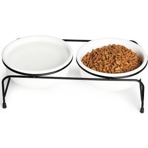 GDCZ Elevated Cat Bowl Stand, 11 in Metal Stand with 2 Removable 15 OZ Ceramic Bowls for Pet Food and Water, Stand Reduces Cat Neck Burden, White