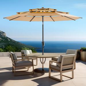 9FT 3-Tiers Outdoor Patio Umbrella with Push Button Tilt and Crank,Vented Outdoor Commercial Market Umbrella with UPF50+ UV Protection & 3-Year Fade Resistant for Pool,Backyard (Beige)