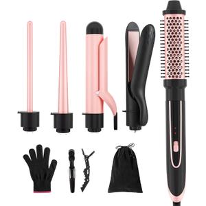 5-in-1 Curling Iron Set, Including a Curling Brush, Straightener, and 4 Interchangeable Ceramic Curling Barrels; Dual Voltage; Comes with Gloves and Hair Clips (0.351.25 inches), Rose Gold