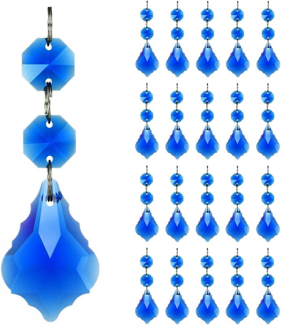 20pcs Maple Leaf Crystal Chandelier Prisms Pendant Replacement Connected Crystal Glass Octagon Beads Hanging Chandelier Decoration 38mm (Mid Blue)