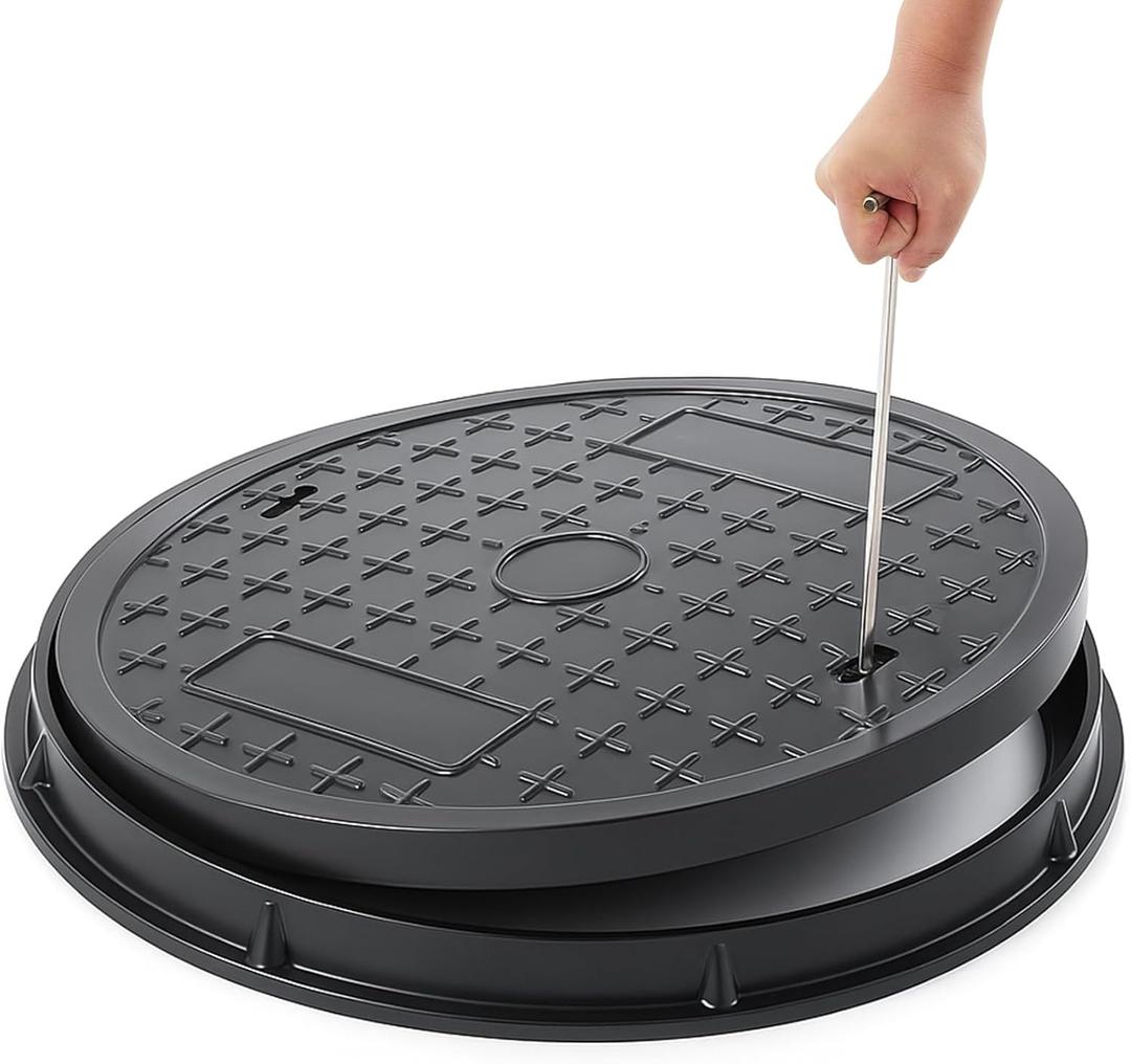 Zonon 24 x 1.57 Inch Round Manhole Cover and Frame, Steel Bar Reinforced Non-Slip Replacement Top Cover Texture for Septic Tank Lid, Sewer Basin & Yard Access, Includes Lifting Hook