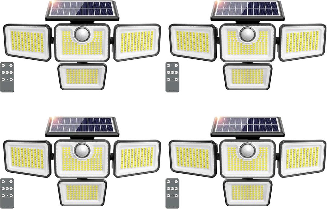 4500LM Solar Lights Outdoor, 4 Adjustable Heads Motion Sensor Lights, 3 Mode, IP65 Waterproof Solar Security Wall Lights, Remote Control Flood Lights, Garden, Outside, Backyard, 4 Pack