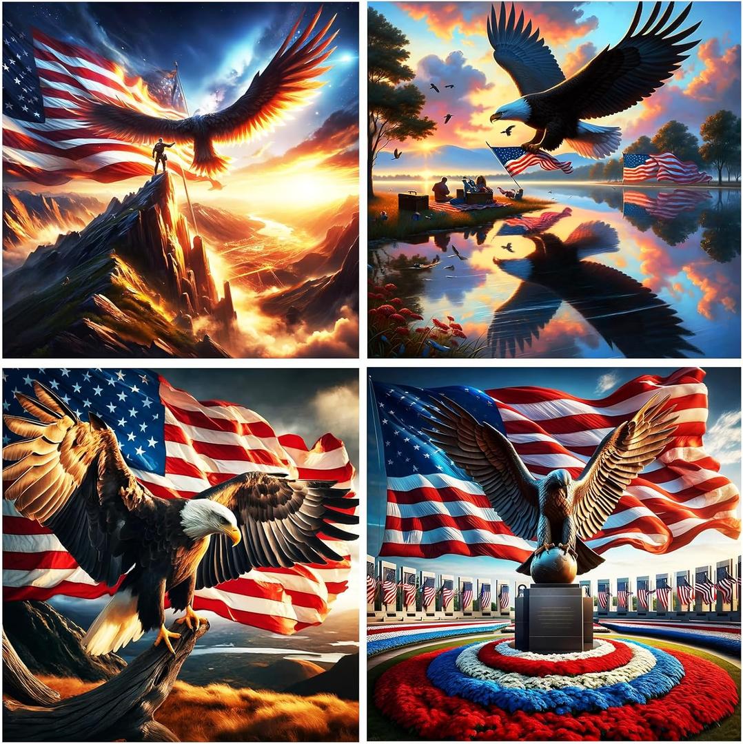 WEUOPG 4 Pack 4th of July Diamond Painting Kits for Adults, Independence Day Eagles Diamond Art Kits, Full Drill Diamond Art with 5D Round Diamonds, DIY Gem Painting Kit for Home Wall Decor 14x14inch