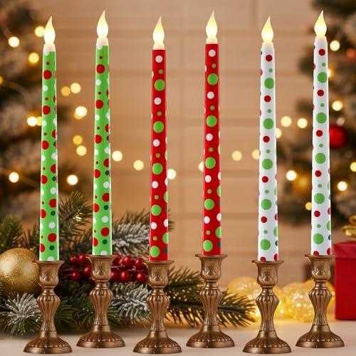 Kittmip 4 Pcs Christmas Flameless Taper Candles 11 Inch Long Polka Dots White Red Green Battery Operated LED Candles Elf Candlestick Table Centerpiece for Xmas Winter Holiday Party Decor