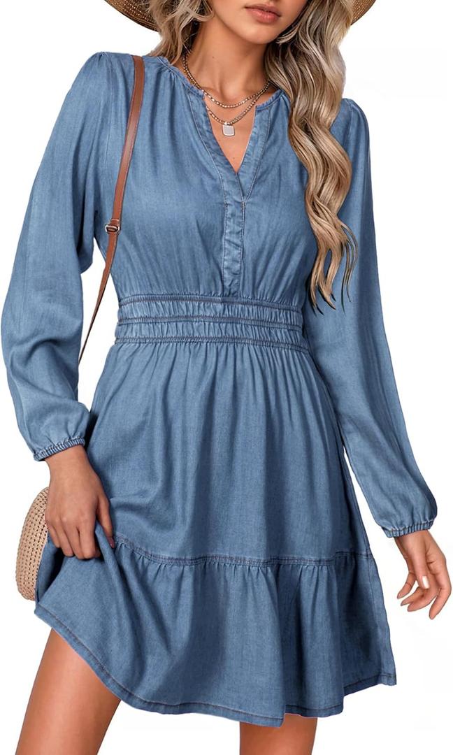Simplee Womens Fall Denim Dress Casual Long Sleeve V Neck Empire Waist Ruffle A Line Flowy Short Jean Dresses with Pockets (Blue, S)