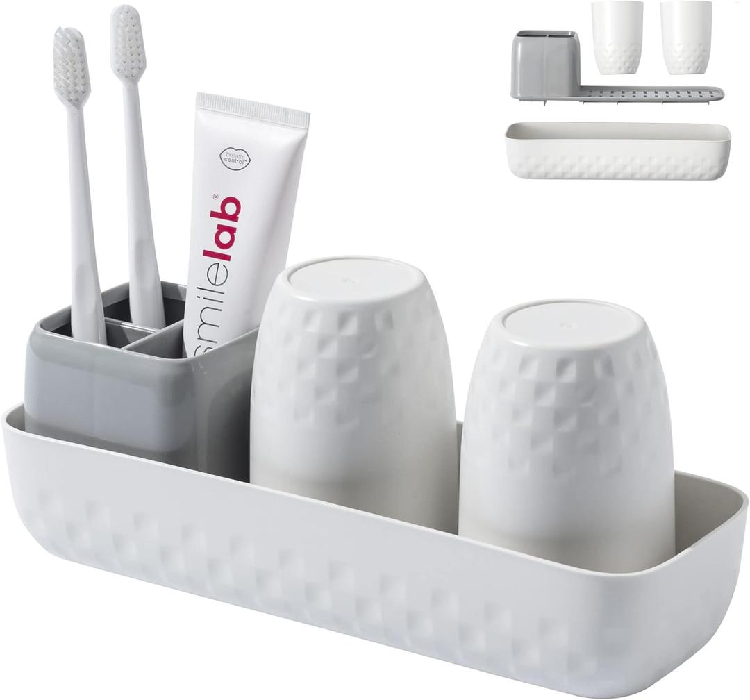 Toothbrush Holder for Bathrooms, Toothbrush Organizer Countertop for Toothbrush Storage, Toothbrush and Toothpaste Holders Set with 3 Slots, Tooth Brushing Cup Caddy for Family-White