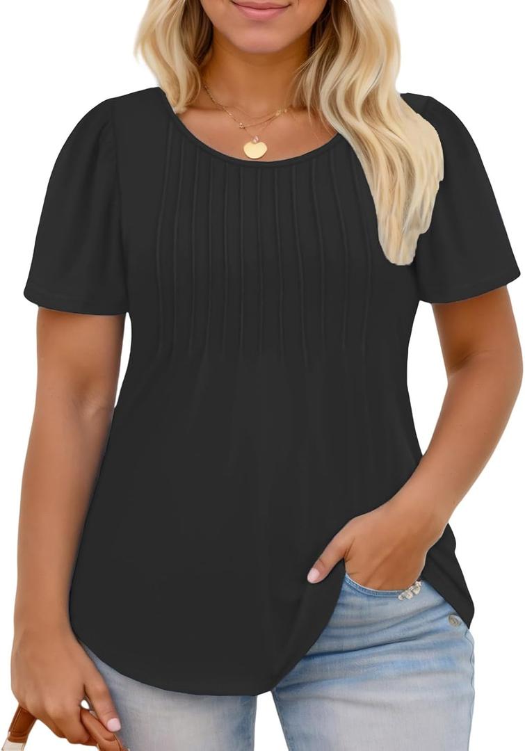 ROSRISS Plus Size Tops for Women Summer Flowy Pleated T Shirts Dressy Crew Neck Tees Casual Short Sleeve Blouses XL-5XL (XL)