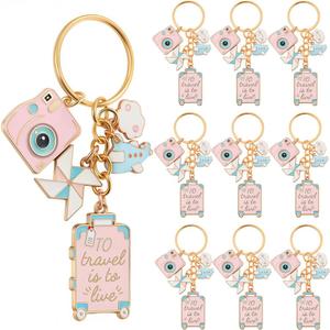 SUNNYCLUE 1 Box 10 Sets Travel Themed Keychains Bulk Airplane Key Chain Pack Cute Pink Enamel Metal Journey Pilot Camera Luggage Charms for Handbags Party Wedding Favor DIY Purse Car Door Keys Women