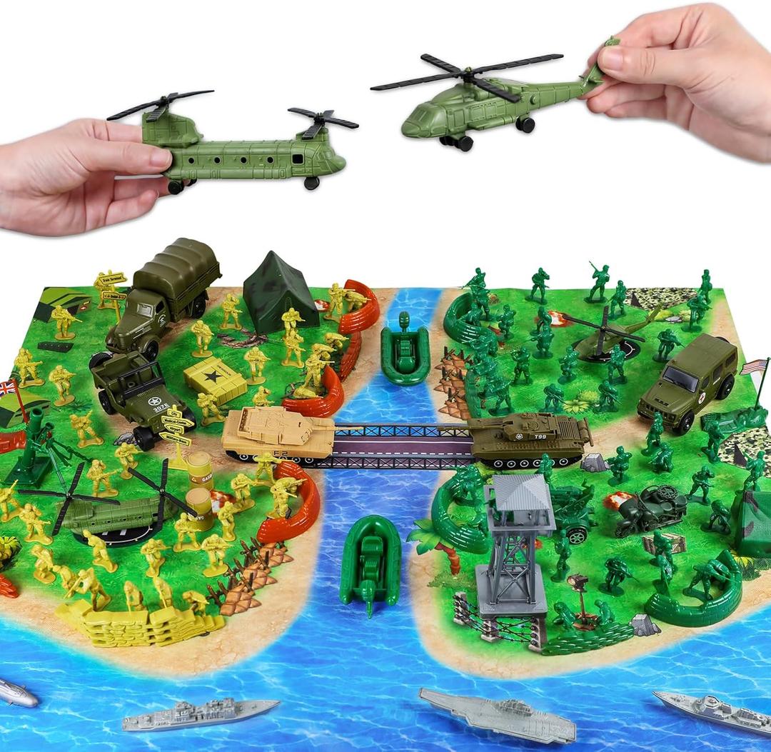 Army Men Military Toys for Boys Age 3-12, 124 Pcs Plastic Army Men Playset - Army Men Action Figures with Toy Soldiers, Boats, Tanks, Helicopters and Battleships - Birthday Gift for Kids