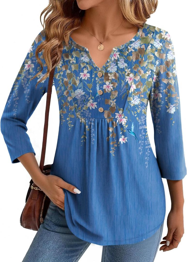 Zeagoo Womens 3/4 Length Sleeve Tops V Neck Dressy Casual T Shirts Pleated Business Work Blouses Basic Tees, Size: XL