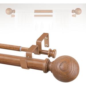 Wood Double Curtain Rods for Windows 36 to 88:Boho Wooden Double Rod Curtain Rods for Farmhouse Livingroom Bedroom 1Inch Heavy Duty Adjustable Dual Curtain Rod Decorative Imitation Wood Grain