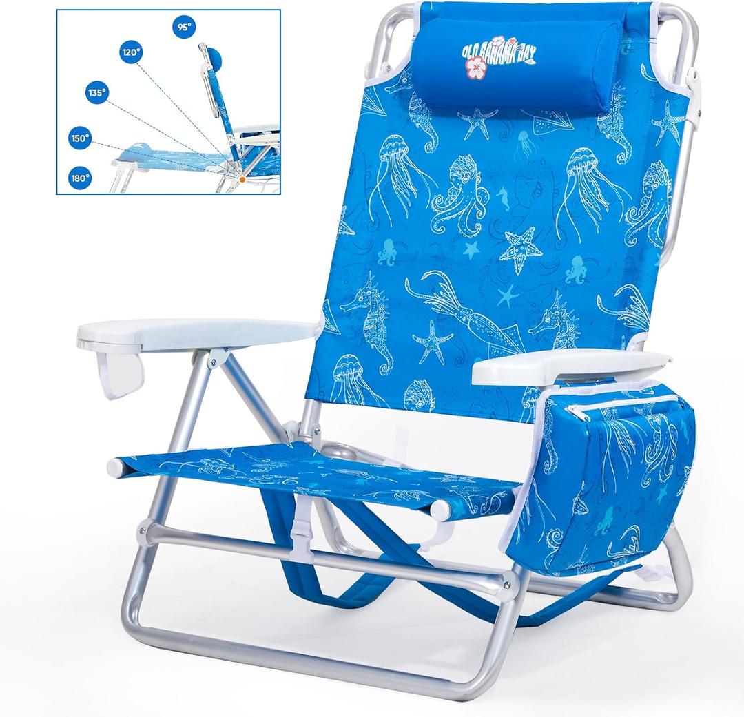 Old Bahama Bay Backpack Beach Chair, Aluminum Lightweight Reclining 5-Position Lounge Chair for Adults Heavy Duty Support 400 LBS Portable Folding with Cooler Bag Camping Chair for Sand Outdoor