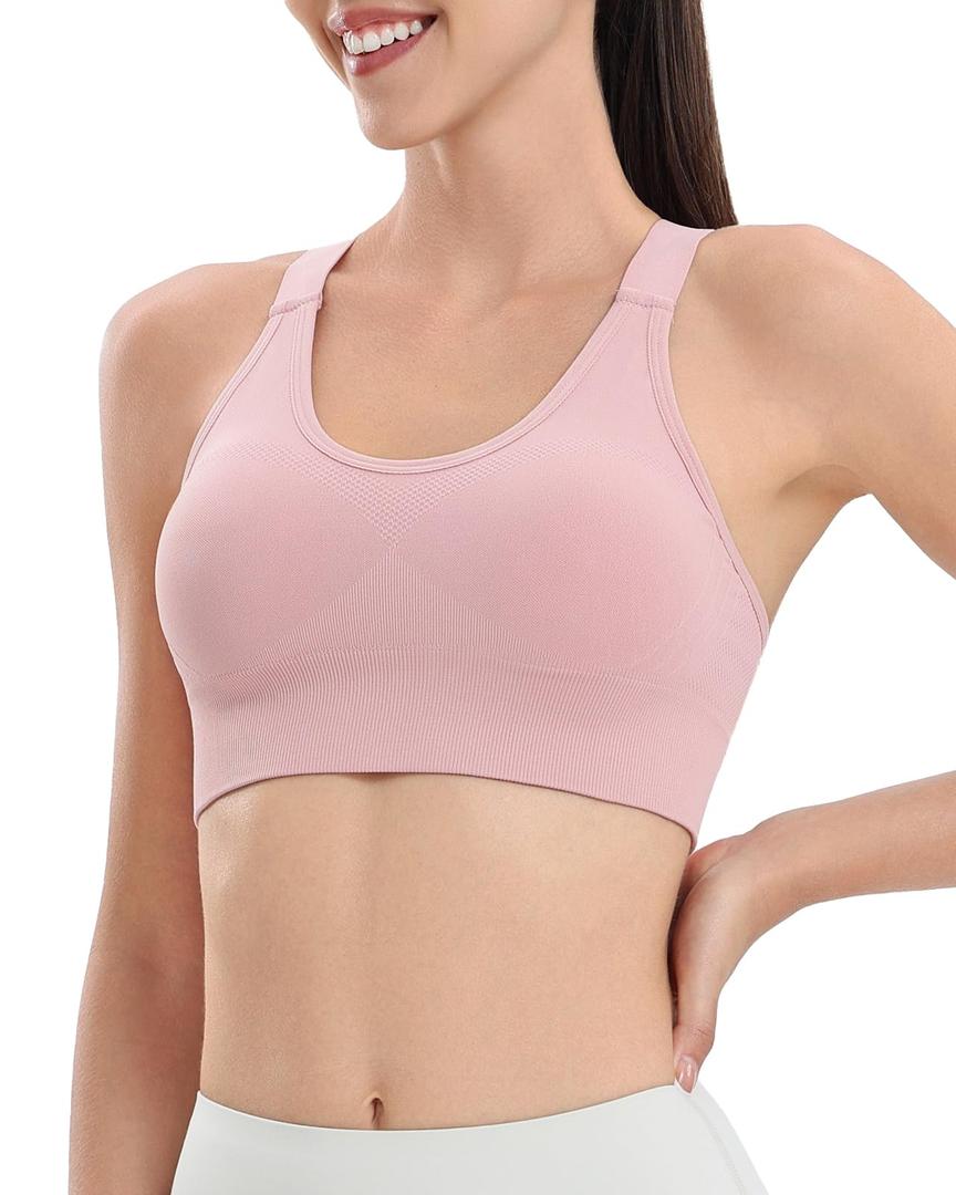 LIIJOO Seamless Wireless Compression Racerback Crossback Bra, Adjustable Widened Strap, Breathable Stretch Shaping Hem, Full-Coverage Workout Yoga Running BralettePink, XL Size (XL)