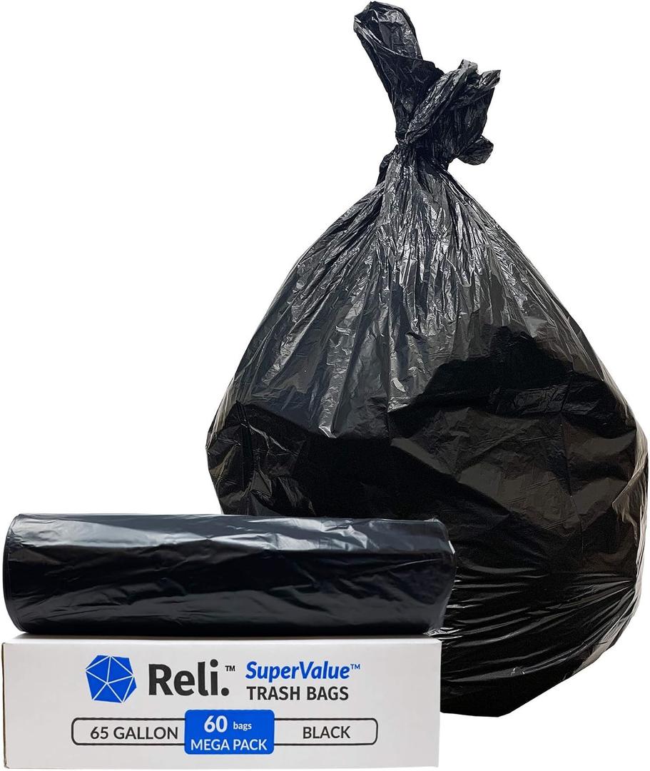 Reli. SuperValue 65 Gallon Trash Bags | 60 Count | Made in USA | Heavy Duty | Black Multi-Use Garbage Bags