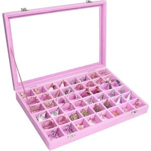 Velvet Jewelry Tray 48 Grid Jewelry Display Tray Organizer Box with Transparent Lid Rings Earrings Necklaces Pendants Display Box Suitable for Women and Girls (Pink)