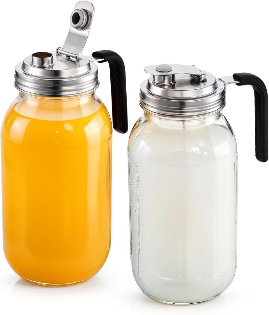 Baderke 2 Pcs Glass Mouth Mason Jars Pitcher with Stainless Steel Pour Spout Lid Leaking Proof Wide Mouth Mason Jars for Drinks Iced Coffee Milk Sun Tea Lemonade Juice(64 oz)