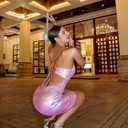 WDIRARA Women's Metallic Ruched Lace Up Backless Spaghetti Strap Sleeveless Mini Cami Dress (Pink, L)