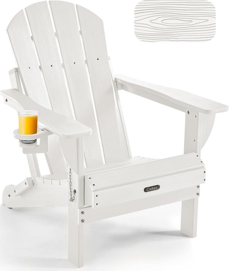 Ciokea Folding Adirondack Chair Wood Texture, Patio Adirondack Chair Weather Resistant, Plastic Fire Pit Chair with Cup Holder, Lawn Chair for Outdoor Porch Garden Backyard Deck (White)(32.9"D x 29.4"W x 35.8"H)