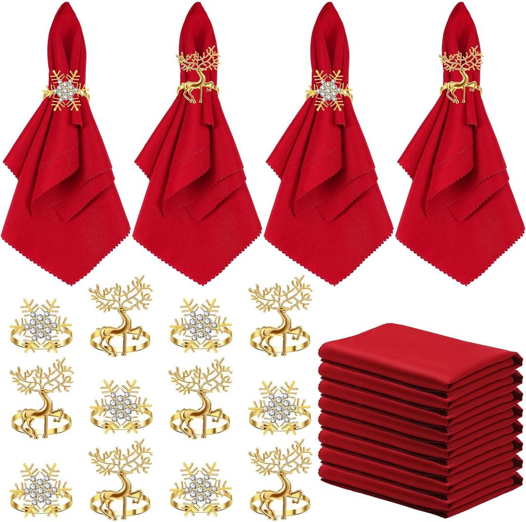 Sliner 24 Pcs Christmas Napkins and Ring Set 12 Pcs Red Washable Christmas Napkins Cloth and 12 Pcs Xmas Napkin Rings Holder for Holiday Dinner Party(Metal,Elk, Snowflakes)