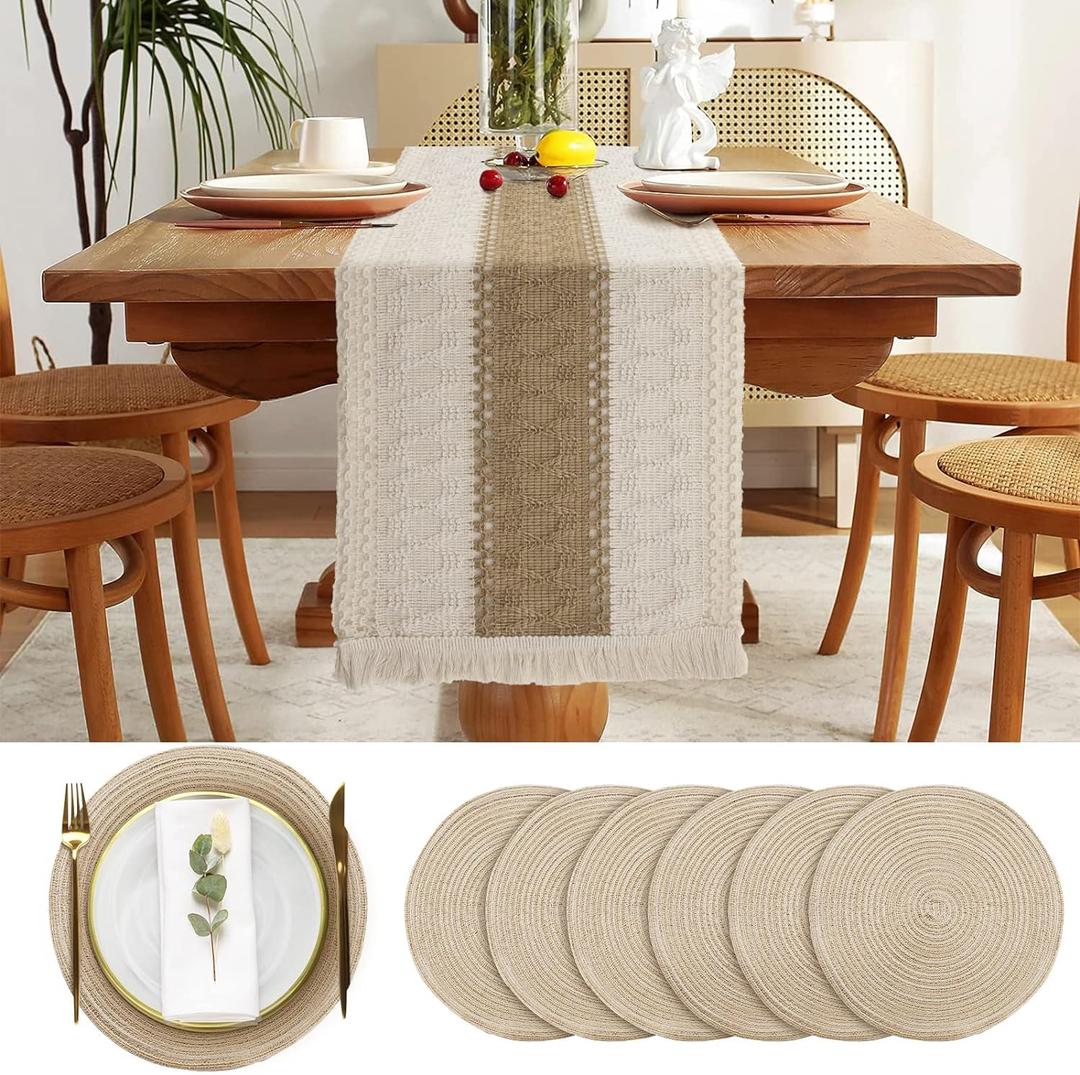 7 Pcs Boho Table Runners and Boho Round Placemats Splicing Woven Macrame Table Runner with Tassels Farmhouse Dining Decor for Wedding Kitchen Dining(12 x 72 Inch)