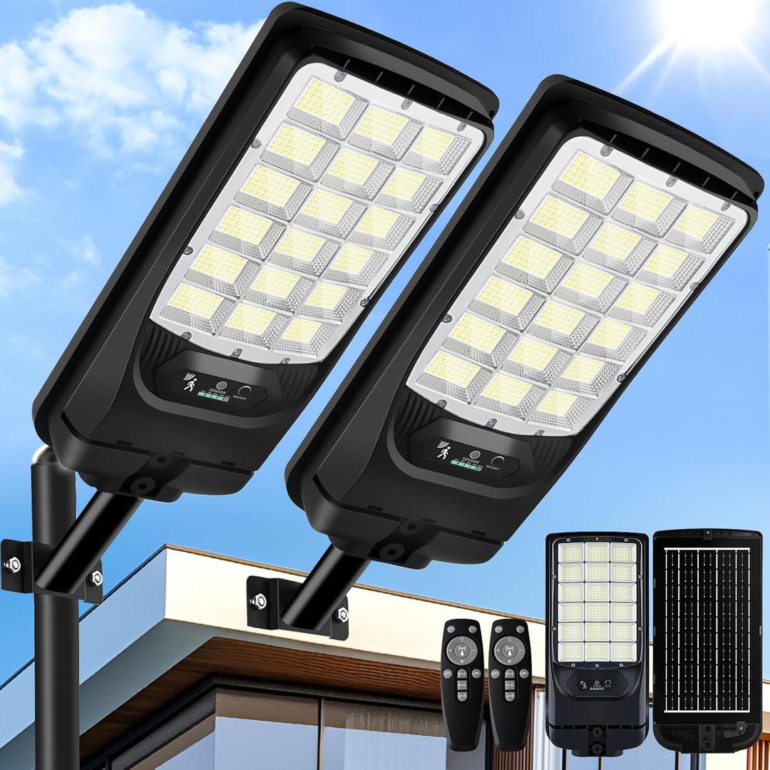 Solar Street Lights Outdoor, 21000LM 6500K Motion Sensor Solar Lights Waterproof, Dusk to Dawn Solar-Powered Flood Lights with Remote, Commercial Area Lighting for Parking Lot Driveway Garage, 2-Pack