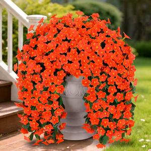 Artificial Fake Fall Hanging Flowers Plants for Outdoor Outside, 2PCS Faux Silk Orange Daisy Mums Trailing Vines UV Resistant Realistic Orchid for Autumn Front Door Porch Planter Patio Garden