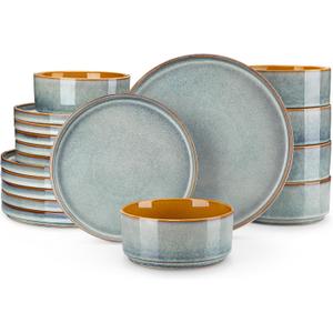 vancasso ONION Ceramic Plates and Bowls Sets, 18 Pieces Light Blue Dinnerware Sets for Kitchen, Reactive Glaze Dishes Set for 6, Dishwasher and Microwave Safe
